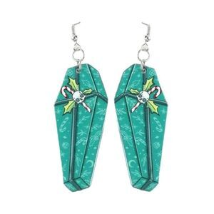 New Christmas Holiday Goth Green Coffin Drop Earrings Candy Cane Skull Gift